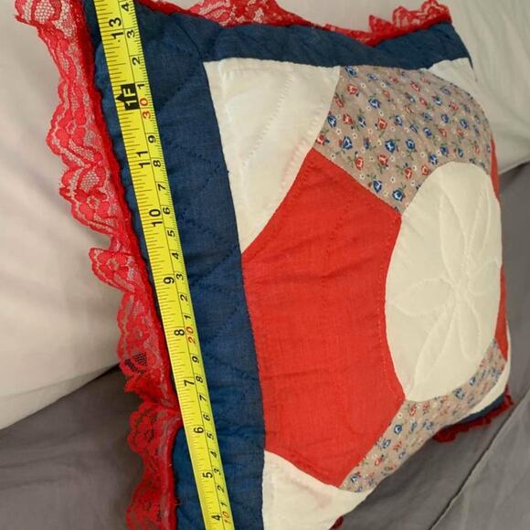 Handmade Vintage Blue & Red Quilted Accent Pillow with Lace Border - Picture 7 of 9